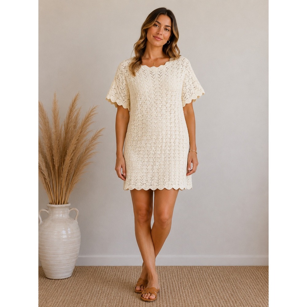 A New Day Crochet Knit Dress Women XL Cream Short Sleeve Scalloped Pointelle